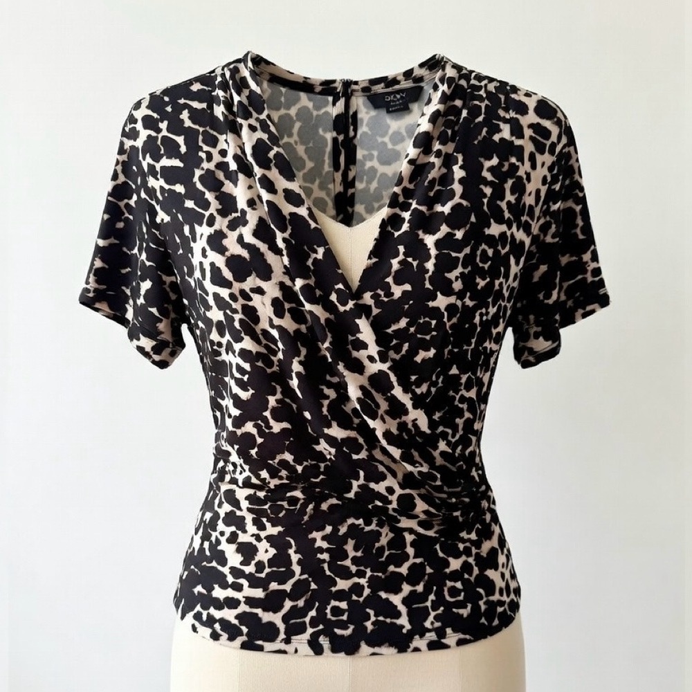 Women’s Short Sleeve, Leopard Wrap Blouse, Size L, by DKNY